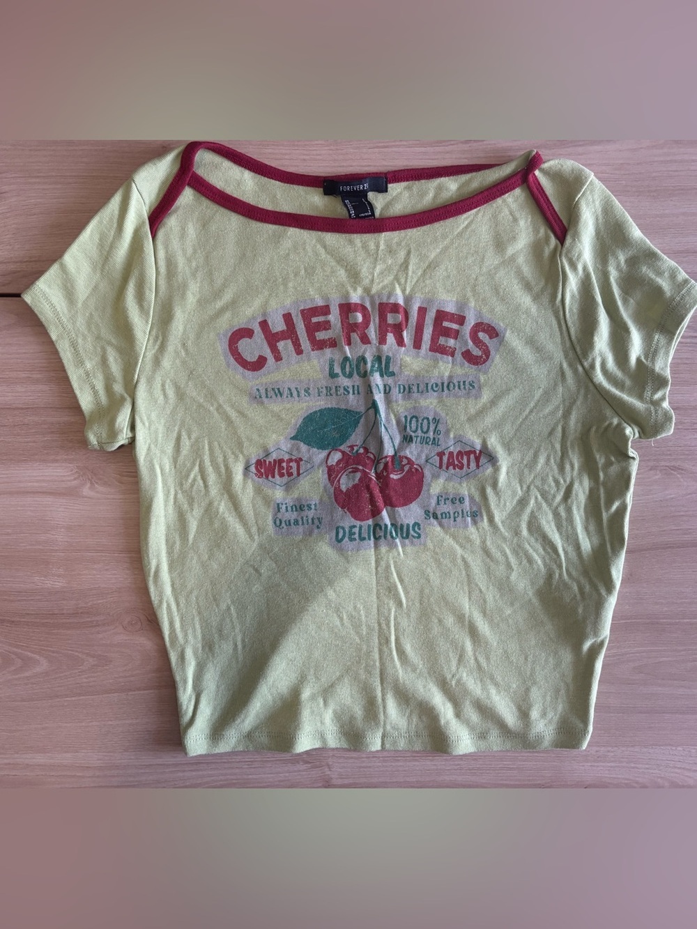 Forever 21 Yellow Cherries Local Graphic Ringer Crop Top - Size Large